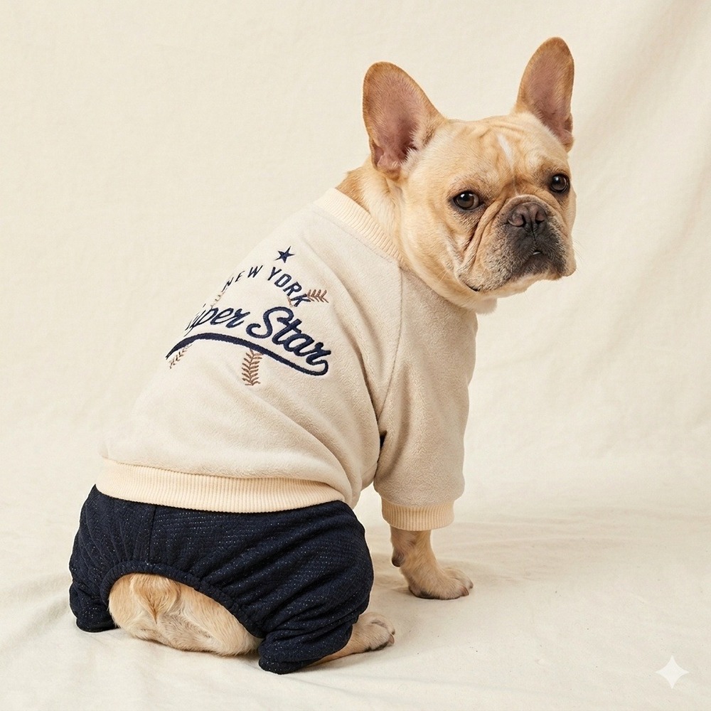 Petcircle New York‎ Super Star Dog Jumpsuit Fleece Pajamas Cream Navy Size L
